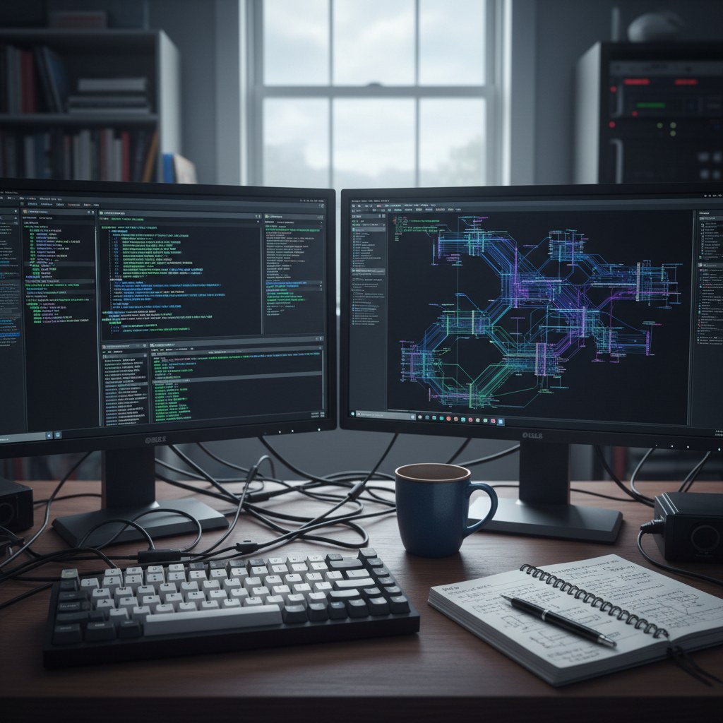 Two-monitor workstation with terminal windows, network diagram, and a mechanical keyboard